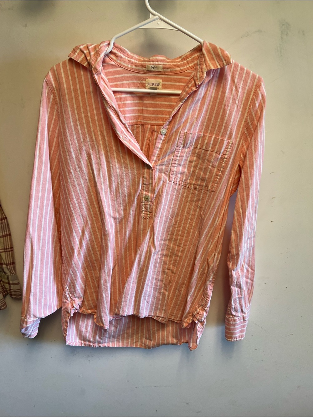 J. Crew Pink and White Striped Hooded Button-Front Shirt
